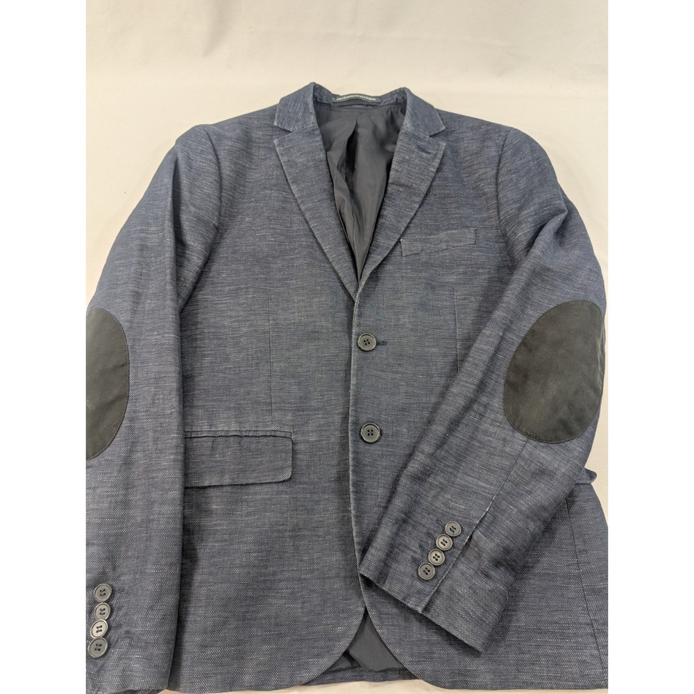 H&M Blue Blazer Sport Jacket Linen Wool Solid Crosshatch Elbow Patch 34R Travel
